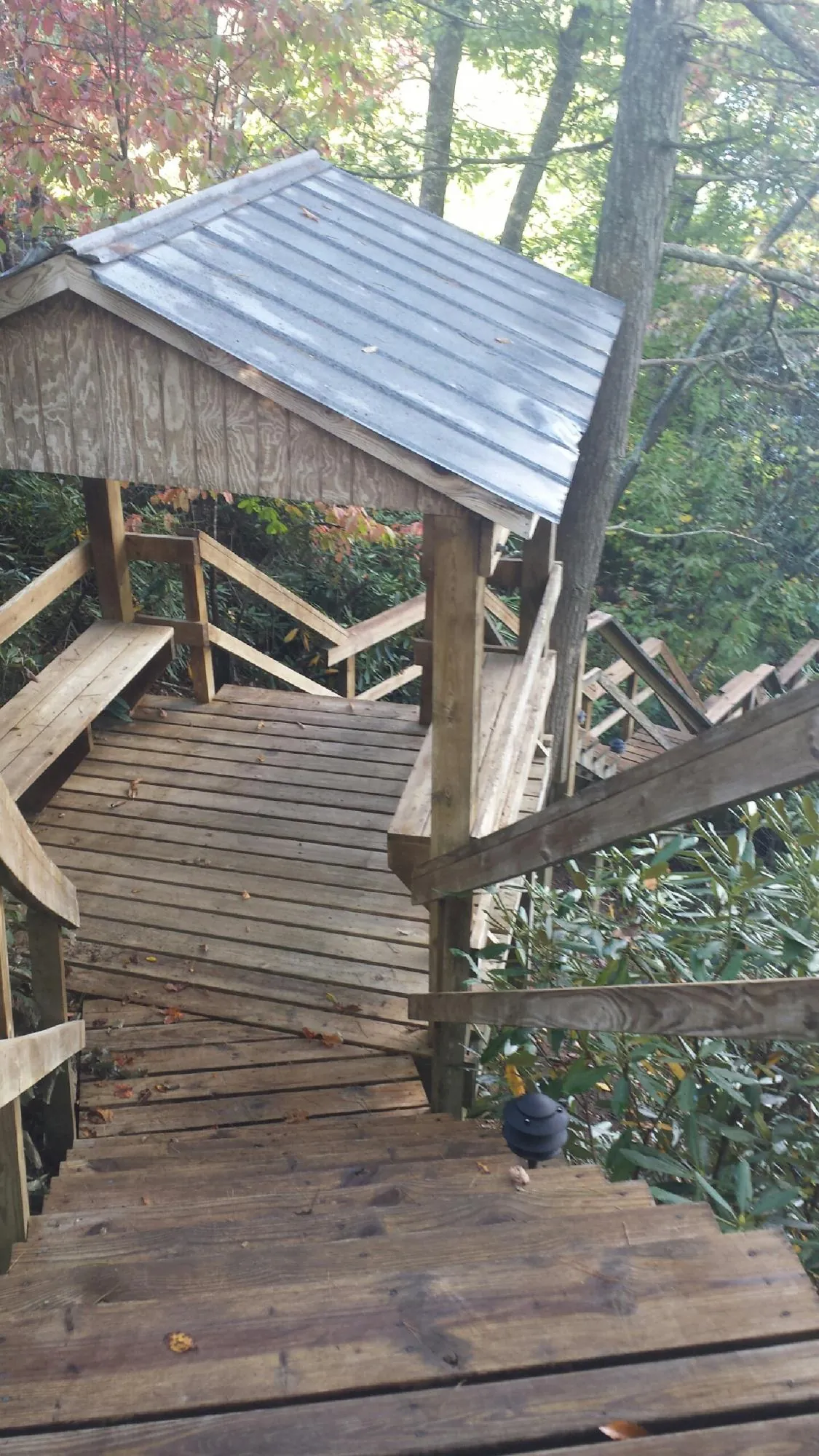 Metal roofed shelter over wooden steps on a wooded walkway — Skylight Repair & Installation work by our crew in Ilwaco